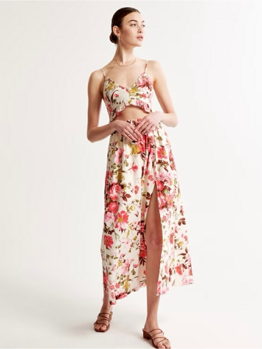 Abercrombie & Fitch Linen Blend High Slit Maxi Skirt Pink Floral Sz large